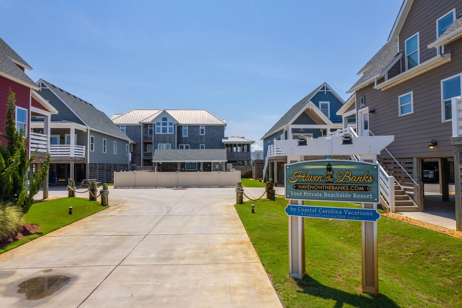 Beachside resort with coastal houses.