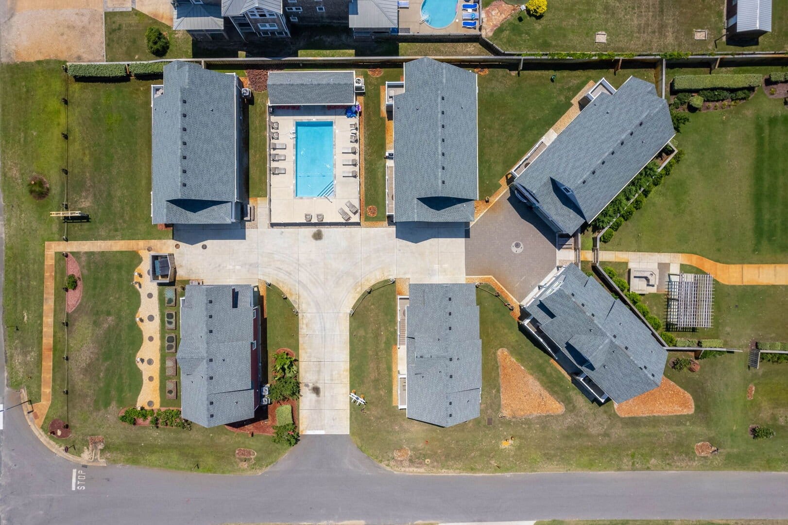 Aerial view of residential complex.