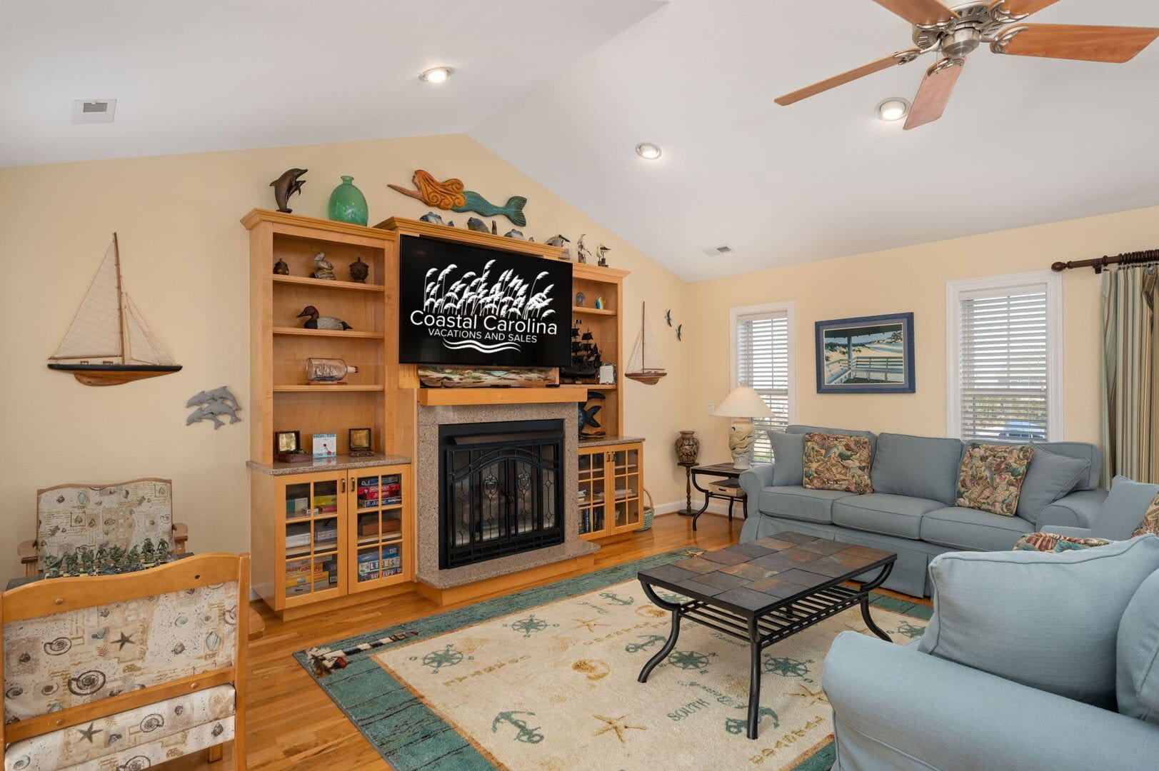 Cozy living room with beach decor.