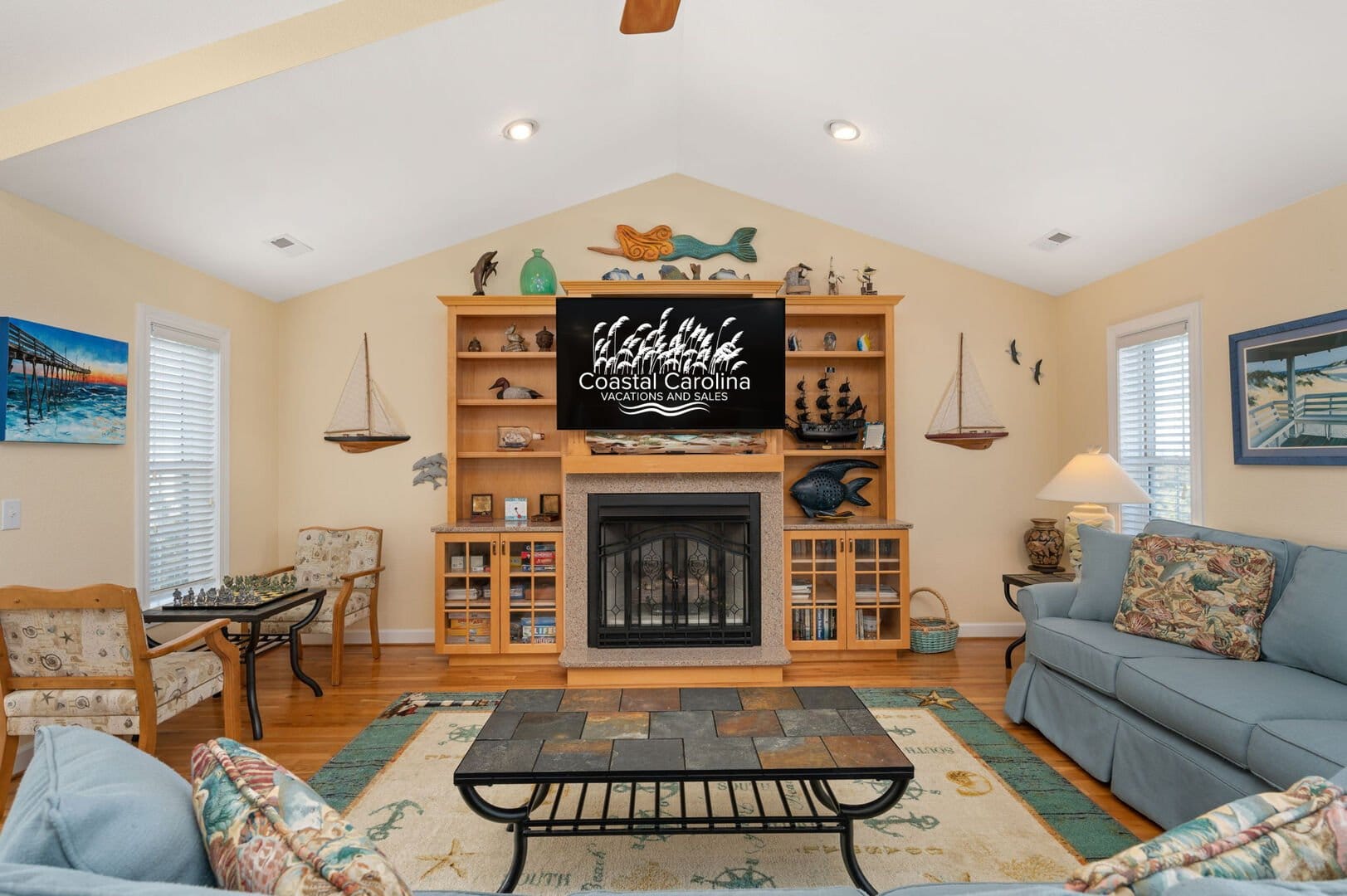 Coastal-themed living room decor.