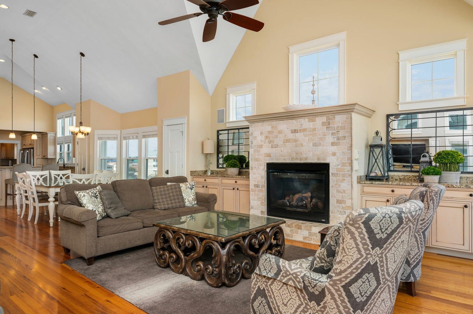 Spacious living room with fireplace.