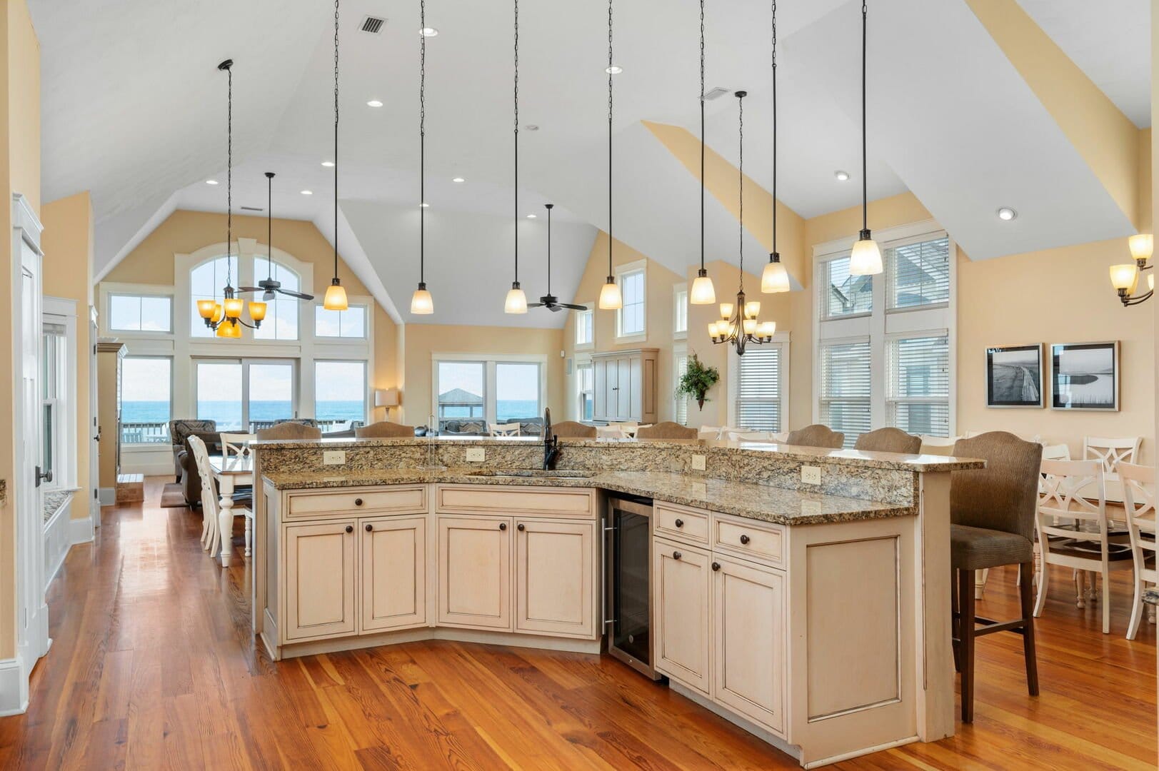 Spacious kitchen with ocean view.