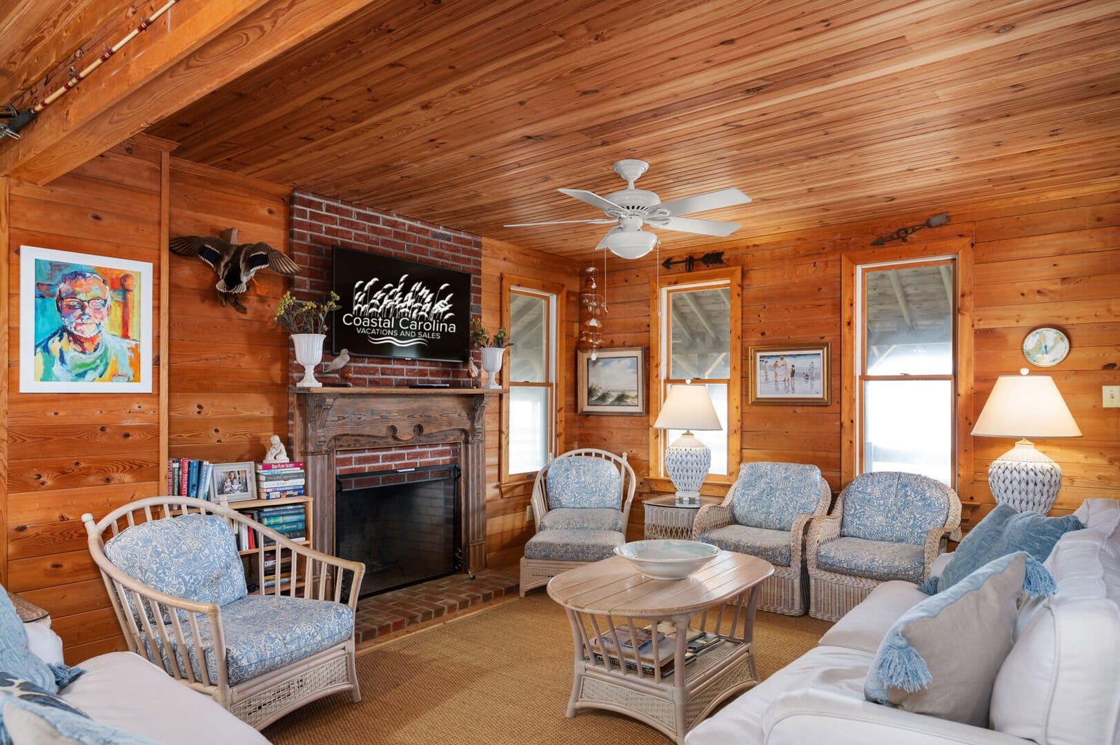 Cozy wood-paneled living room.