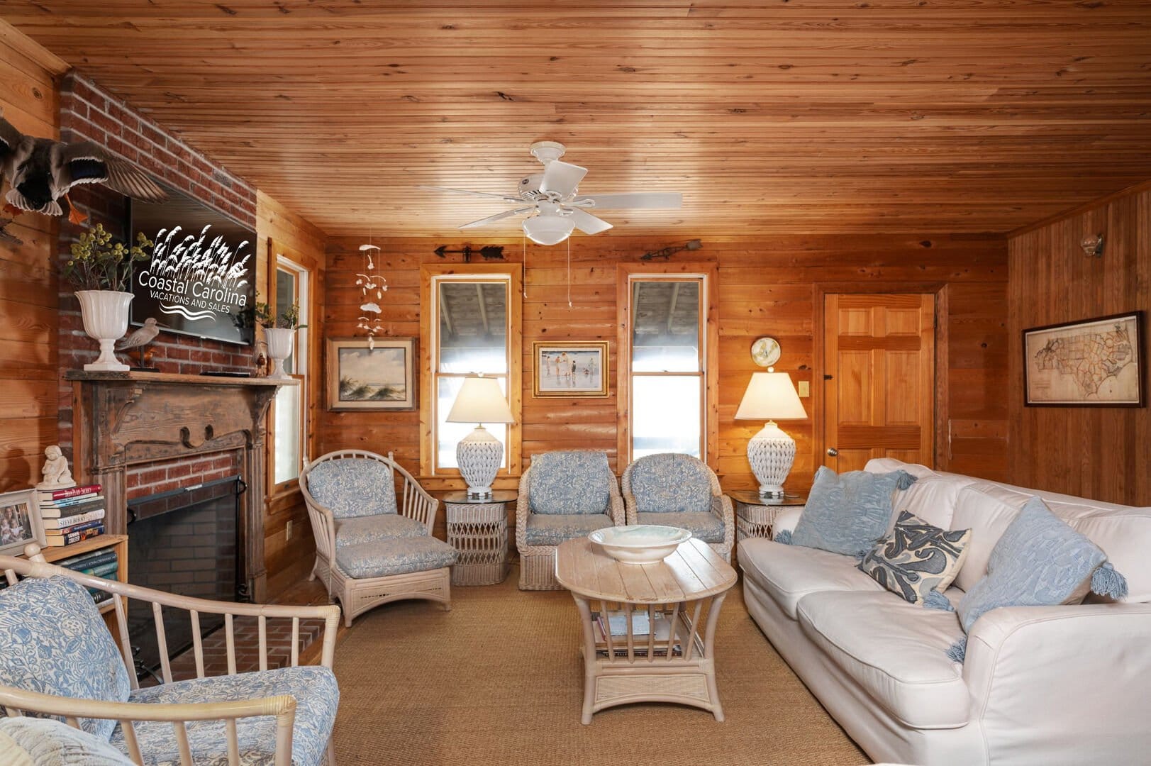 Cozy wooden living room interior.