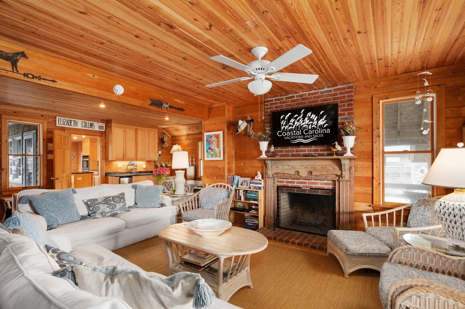 Cozy wooden living room interior.