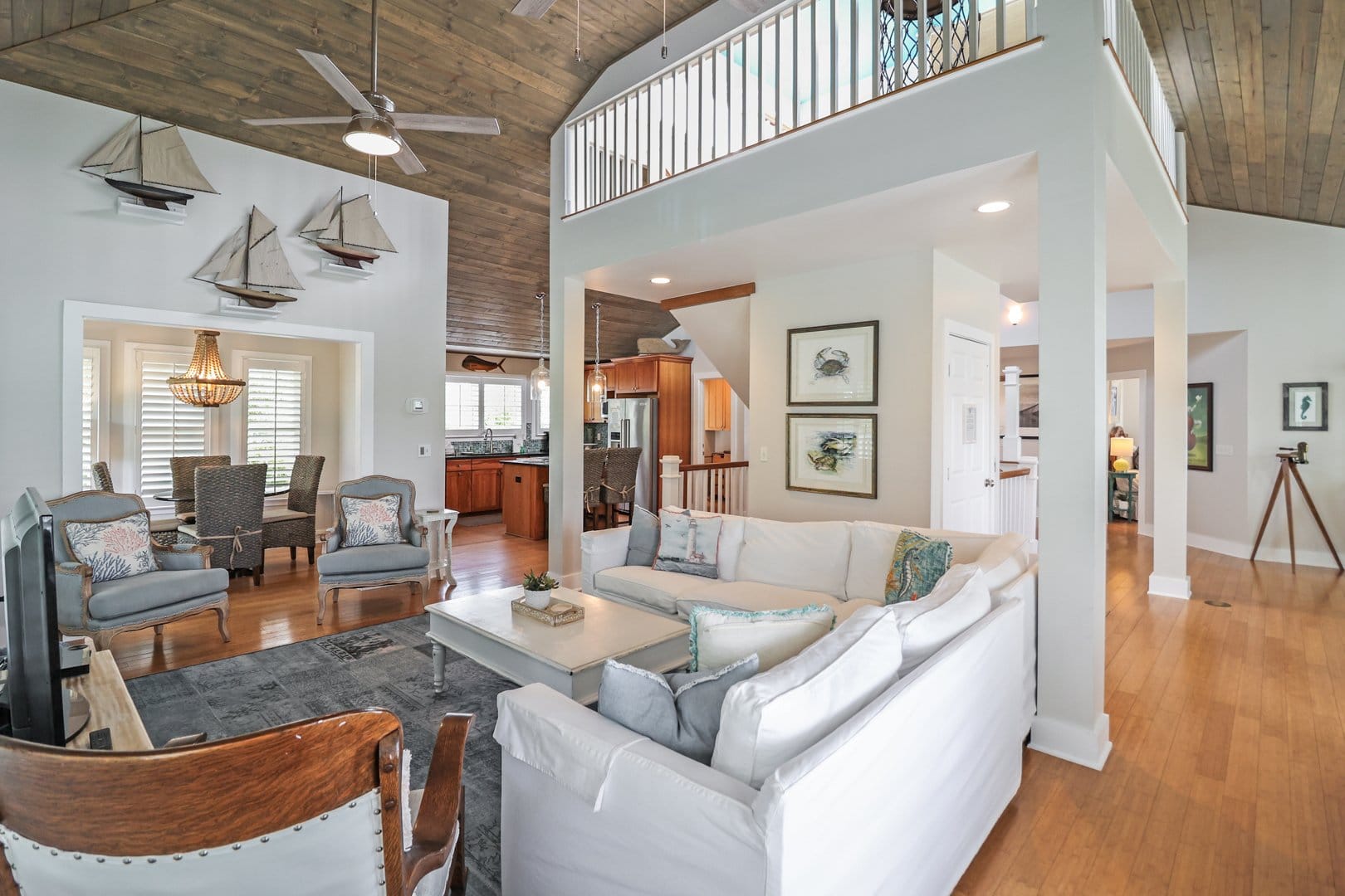 Modern living room with nautical decor.