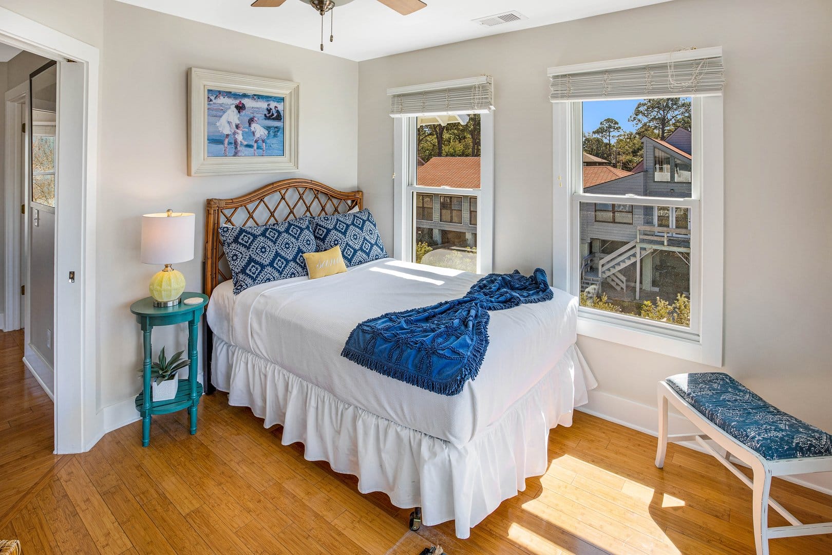 Bright bedroom with coastal decor.