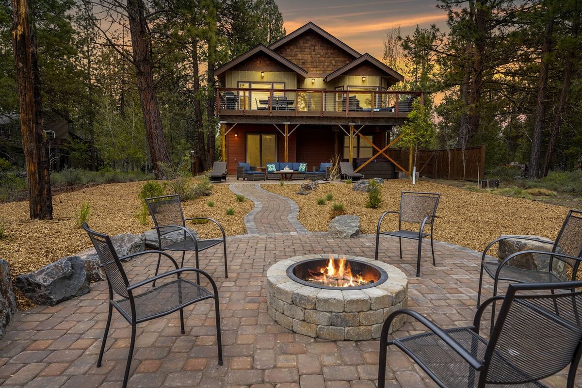 Lakeside cabin with fire pit.