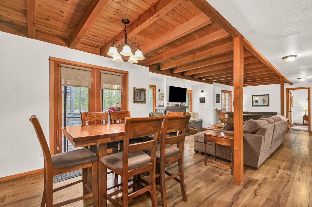 Rustic dining and living room interior.