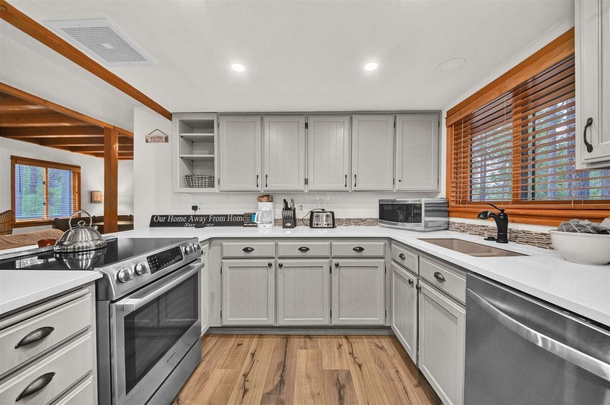 Modern kitchen with white cabinets.