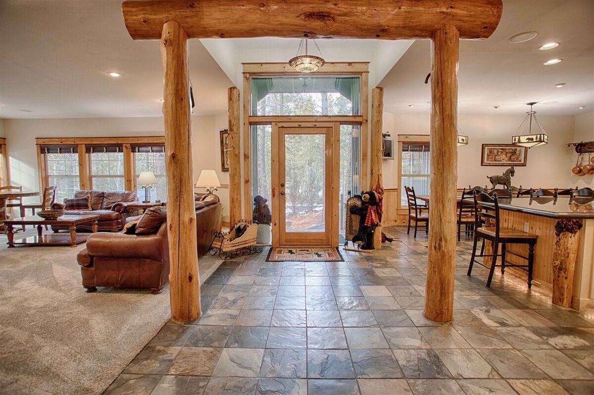 Rustic cabin interior with wooden accents.