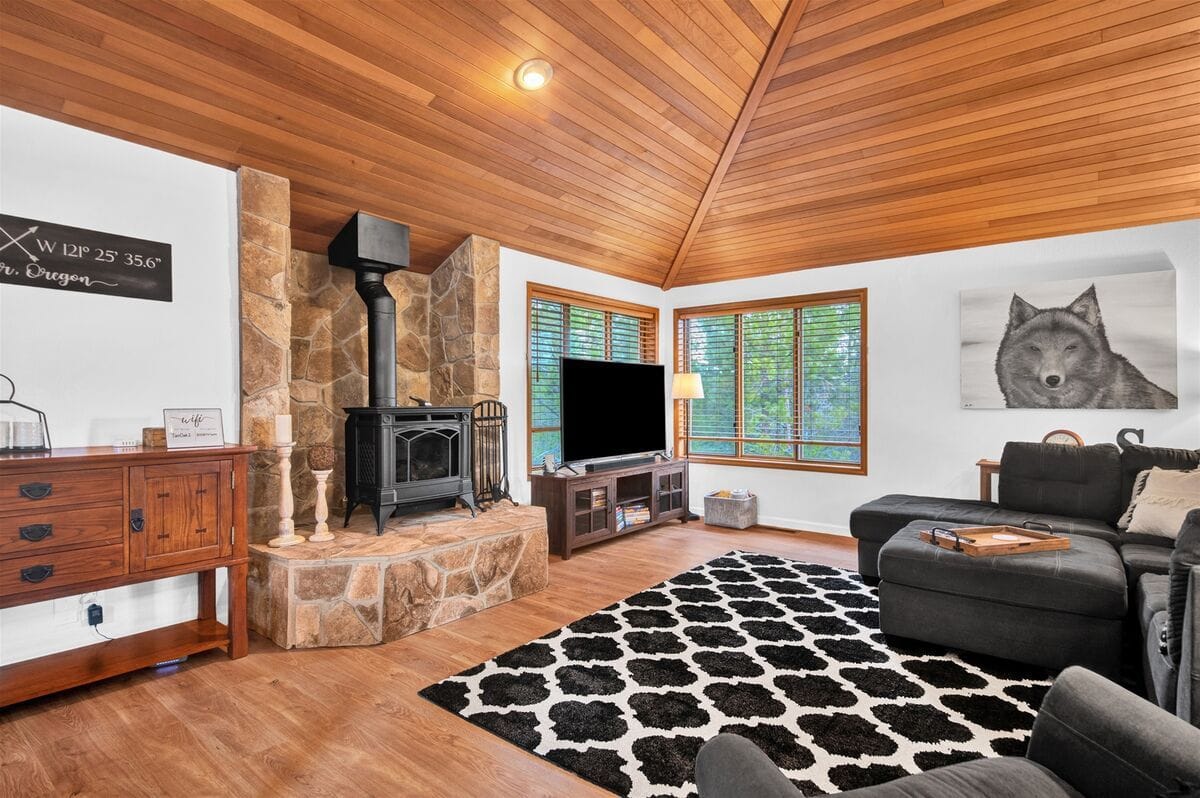 Cozy living room with wood stove.