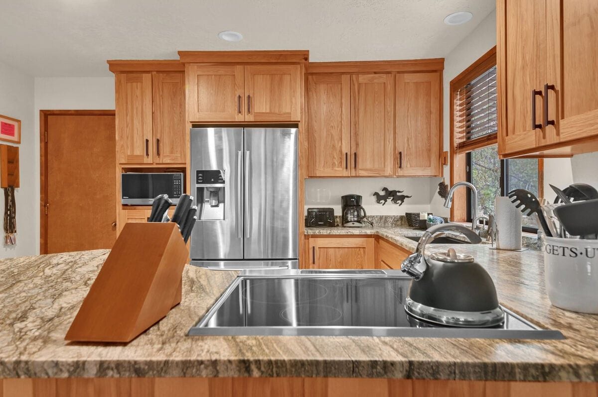 Modern kitchen with wooden cabinets.