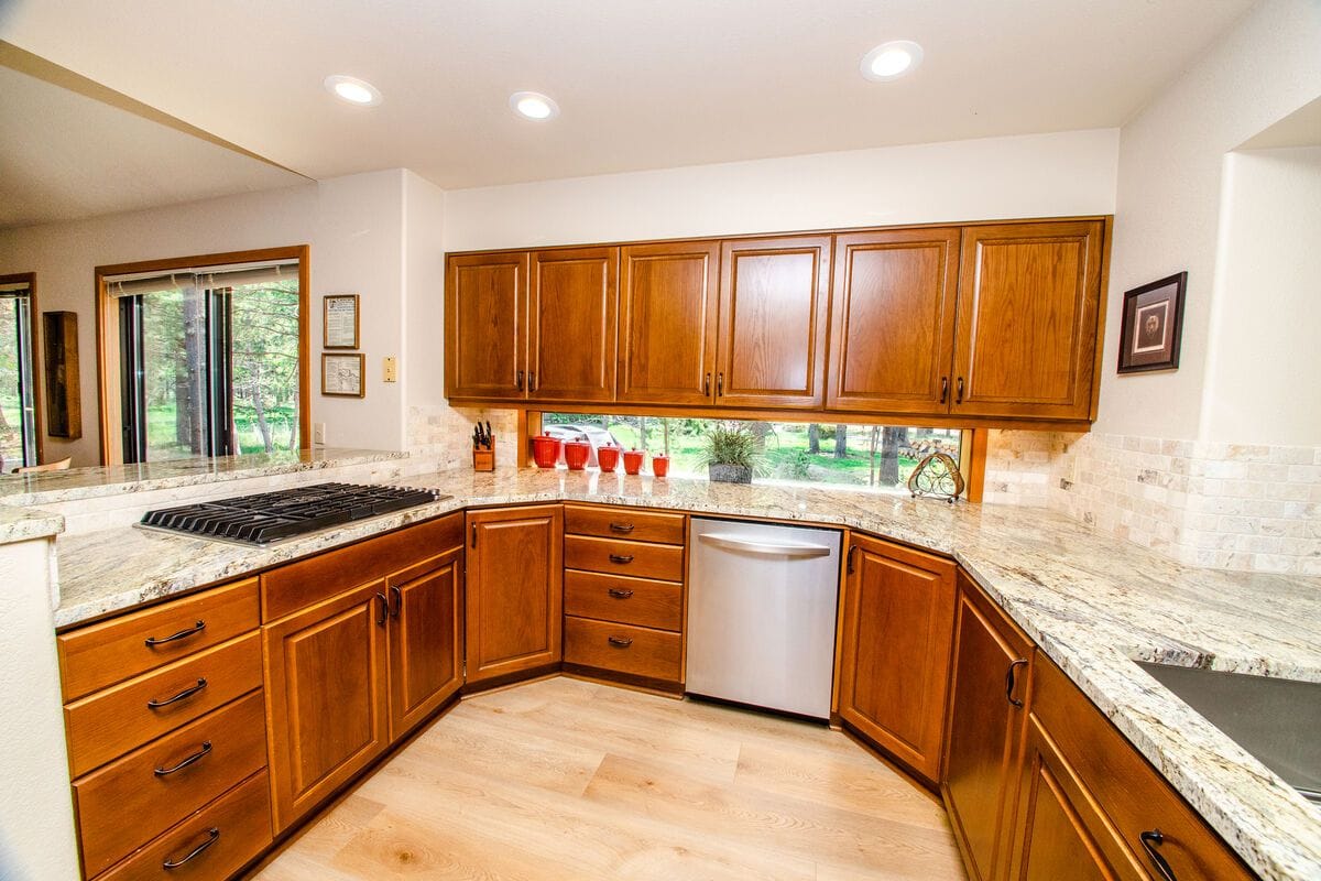 Modern kitchen with wooden cabinets.