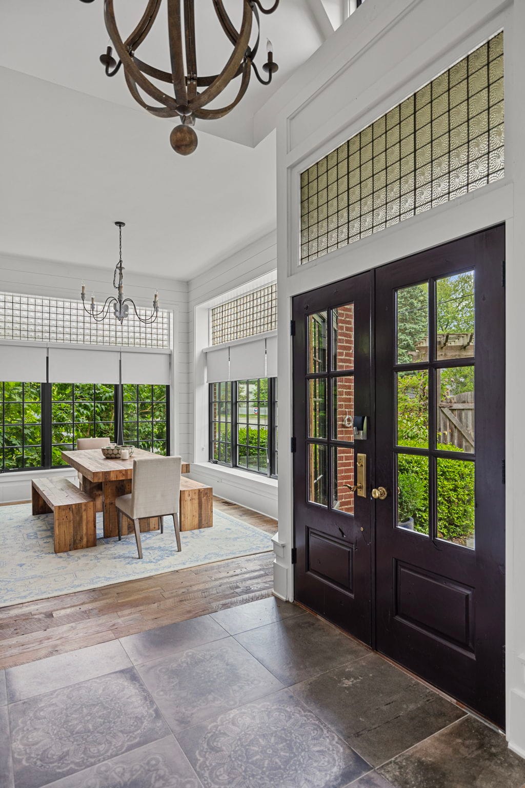 Bright dining area with windows.