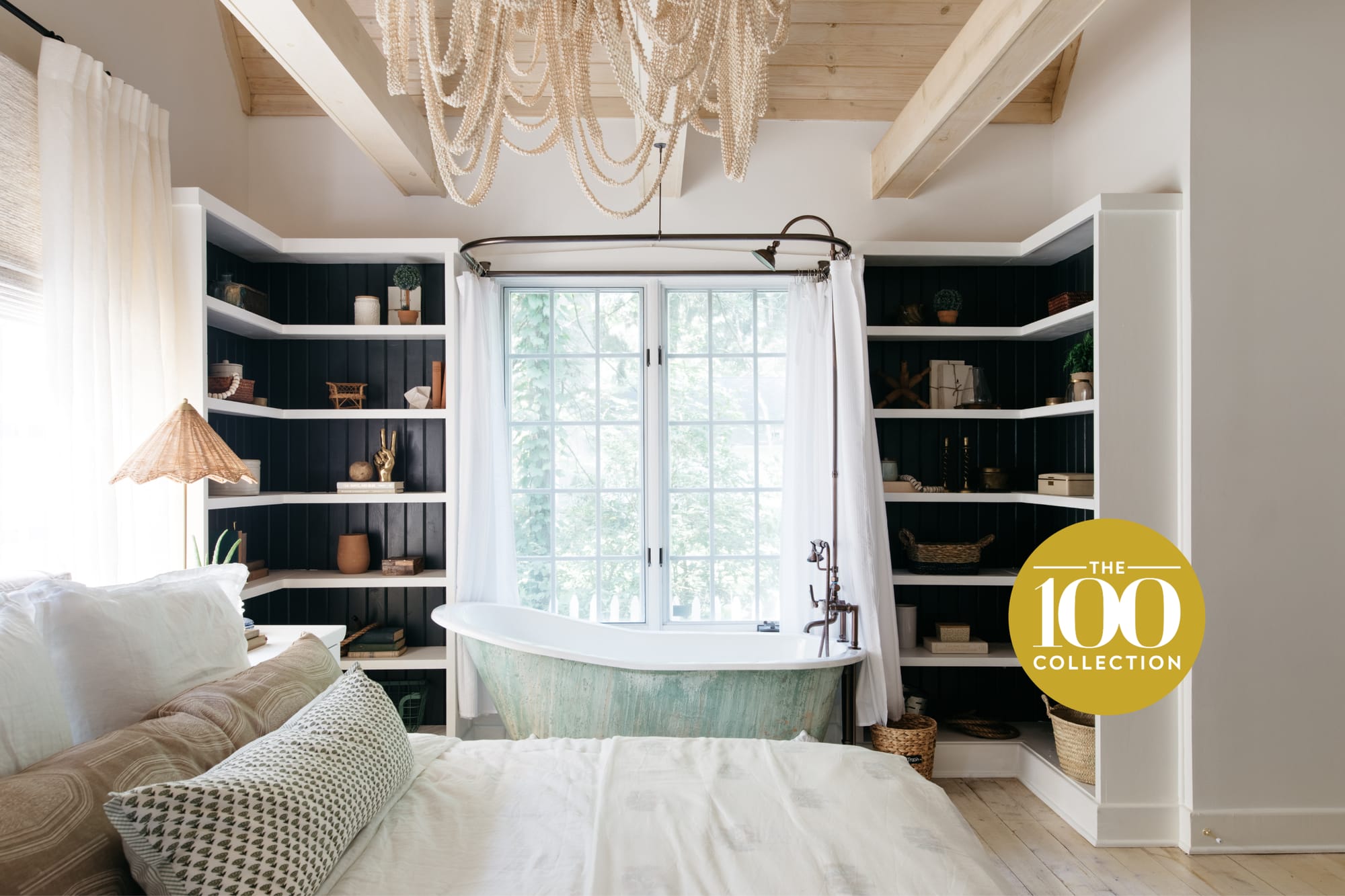 Bohemian-style bedroom with freestanding tub.