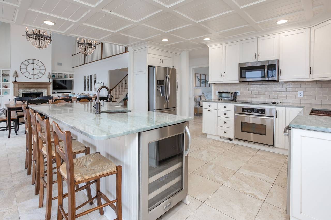 Modern kitchen with island seating.