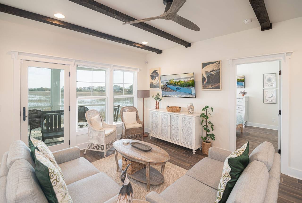 Cozy living room with lake view.