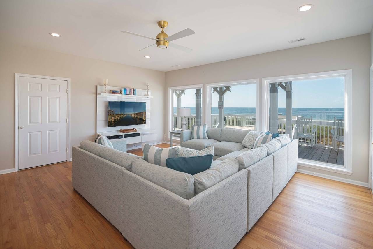 Bright living room with ocean view.