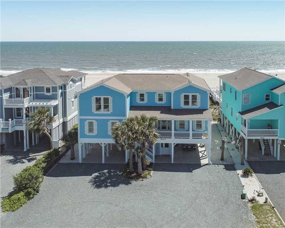 Blue beach house by the ocean.