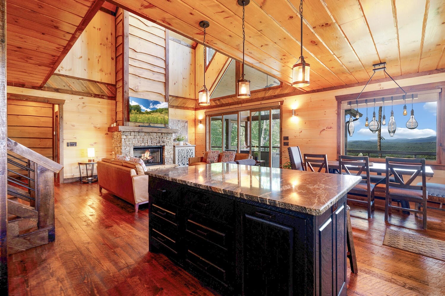 Cozy cabin interior with fireplace.