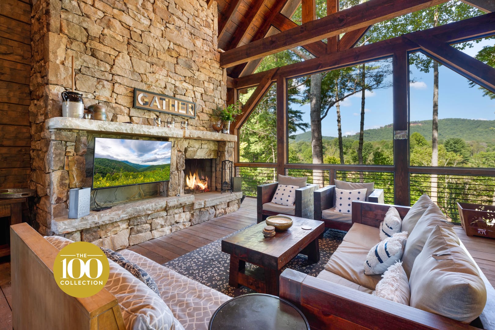 Cozy rustic living room with fireplace.