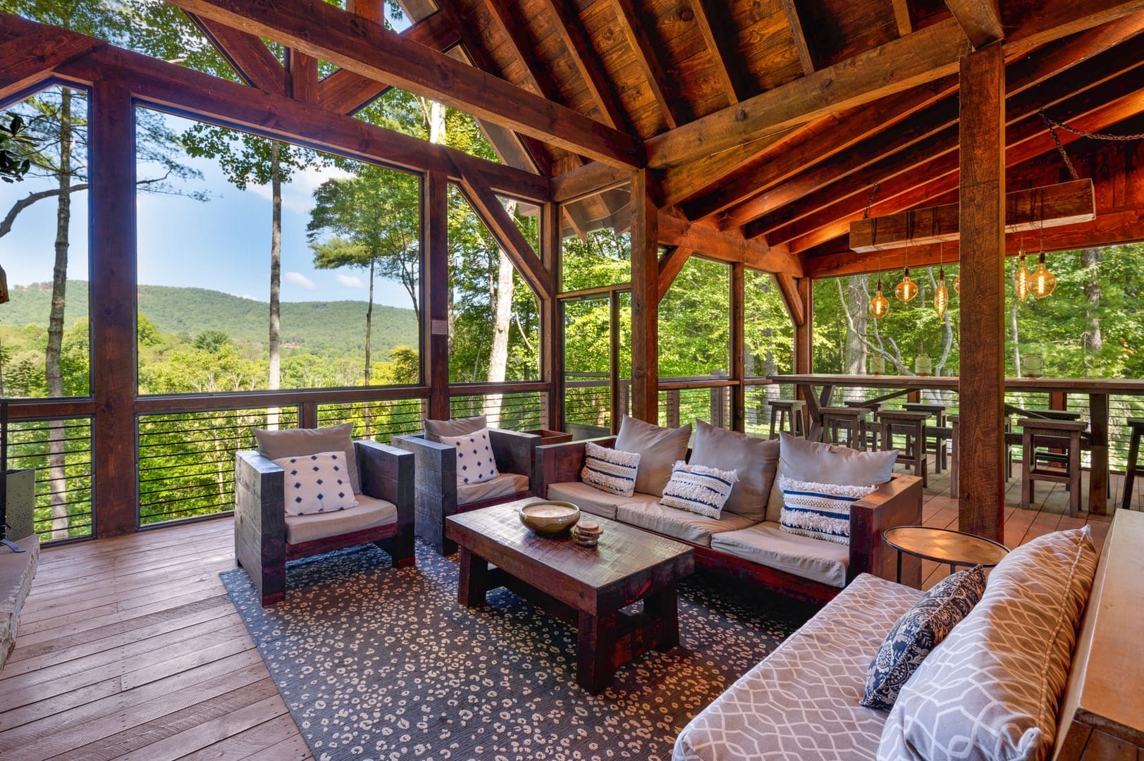 Rustic outdoor seating area with view.