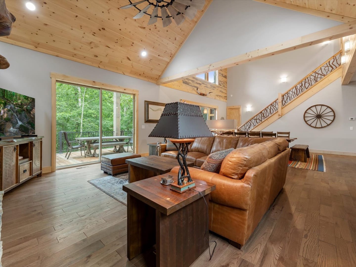 Rustic living room with leather couch.