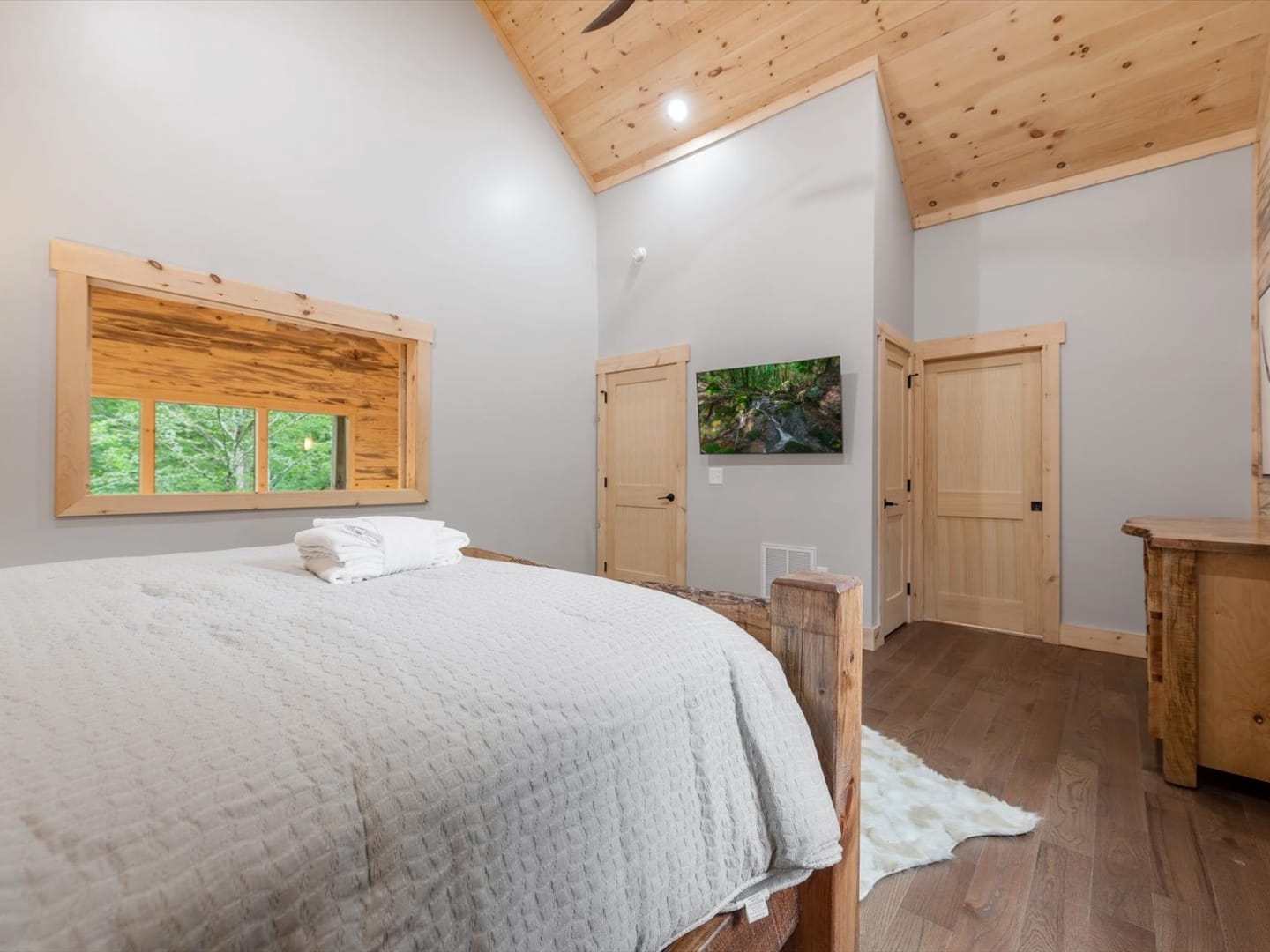 Cozy bedroom with wooden accents.