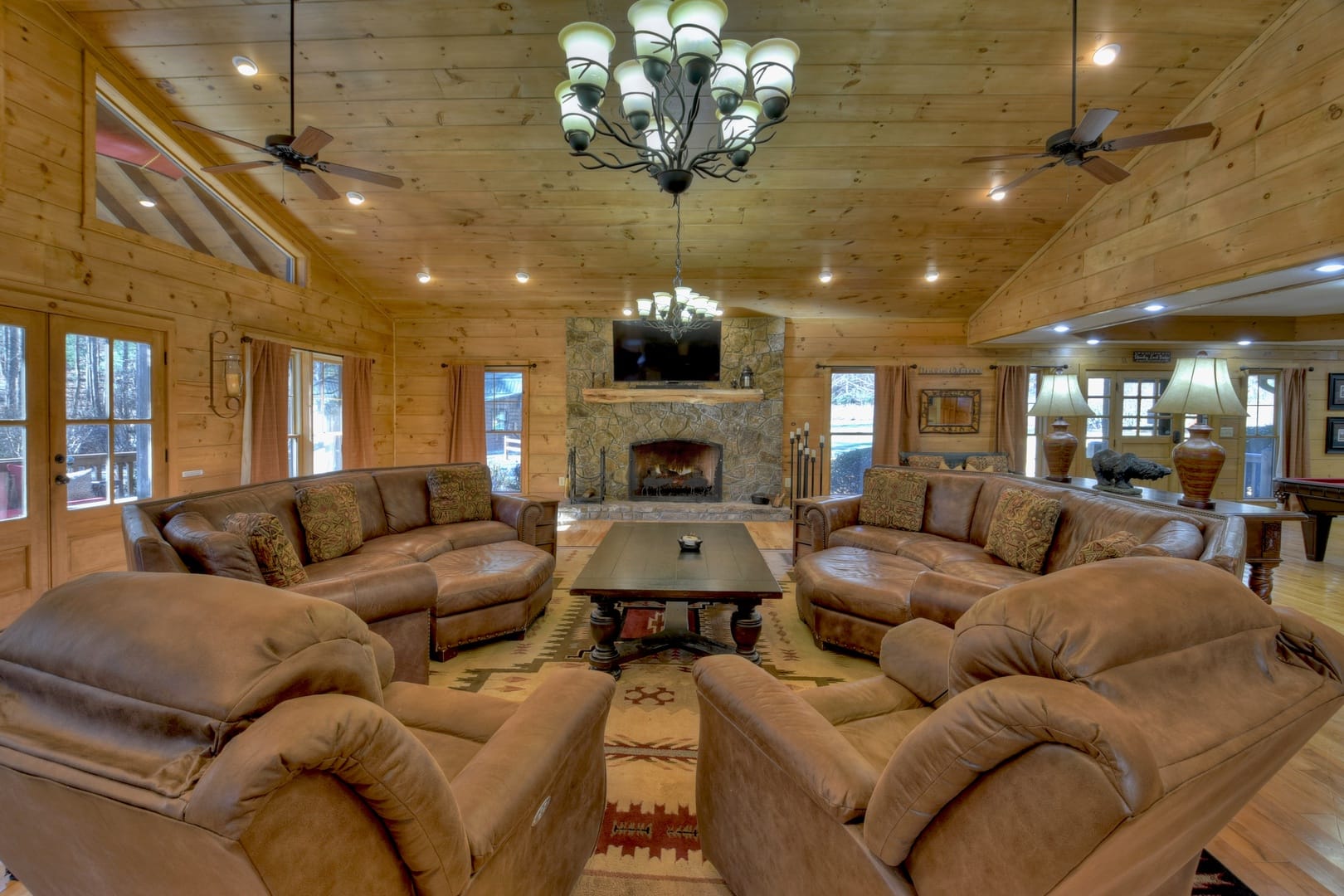 Rustic living room with fireplace.