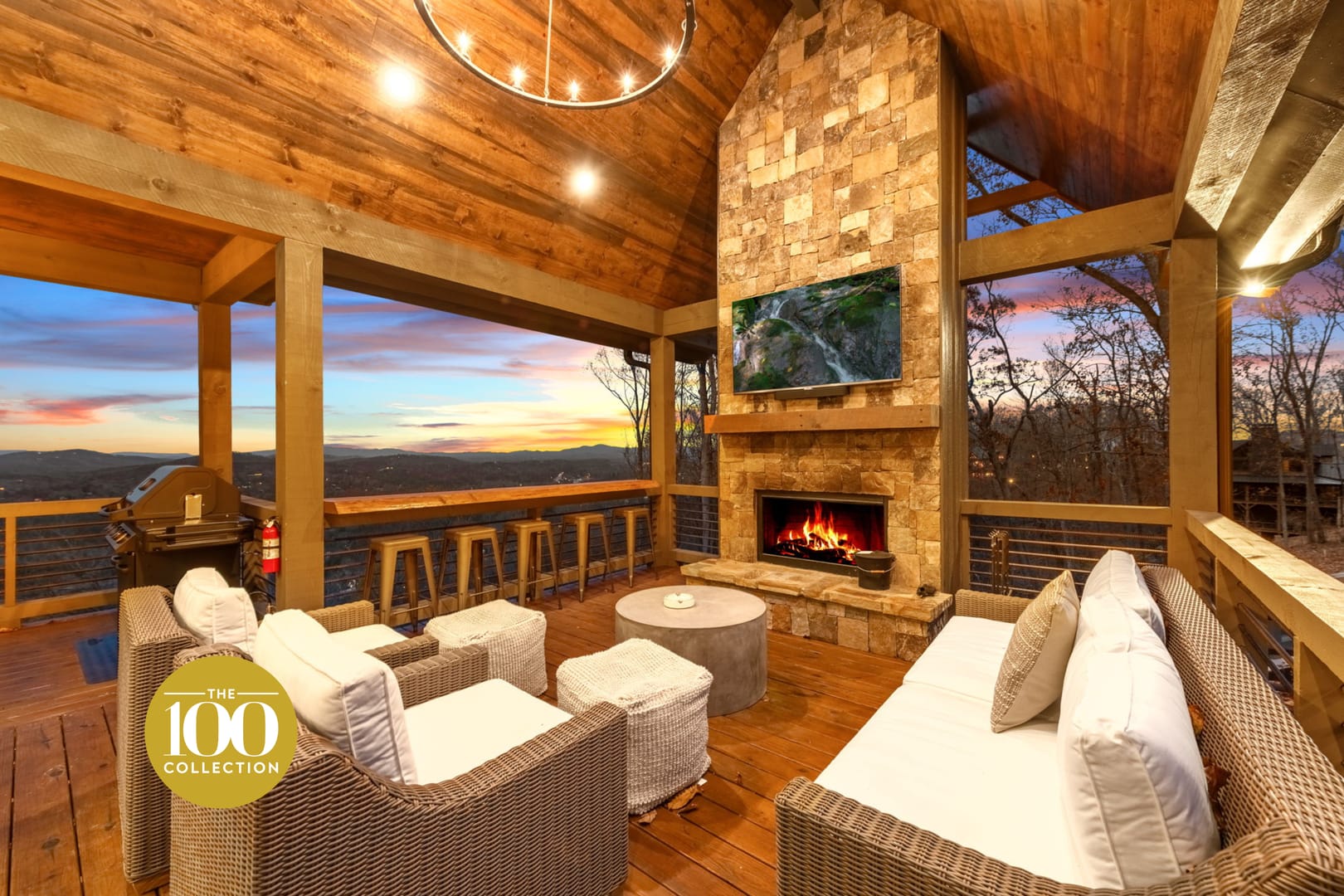 Cozy patio with fireplace view.