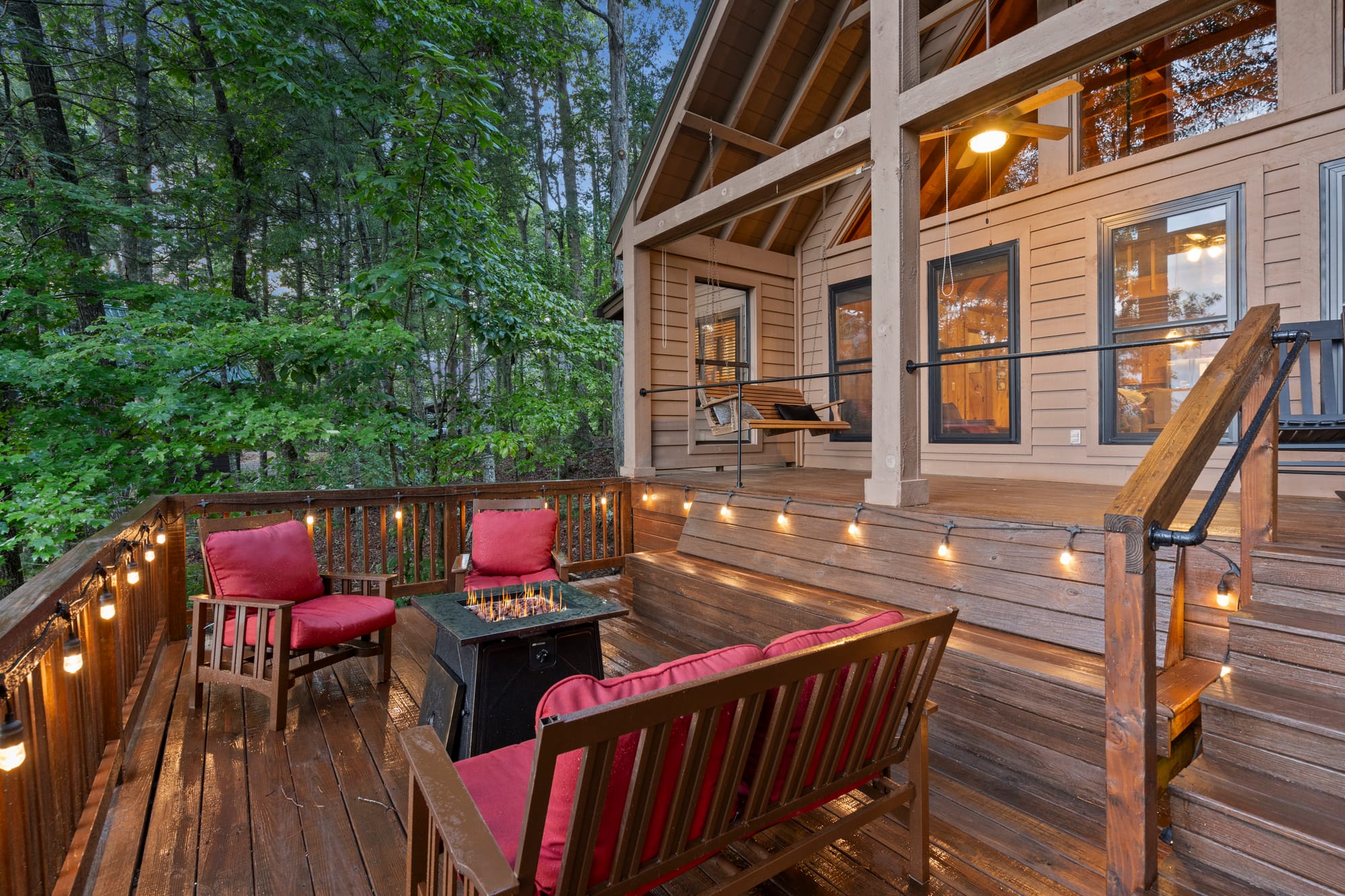 Cozy patio with string lights.