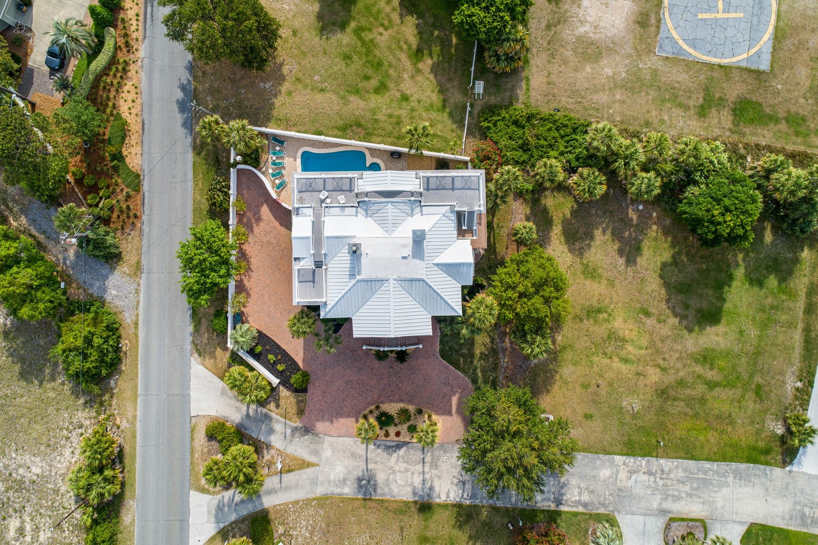 Aerial view of house and yard.