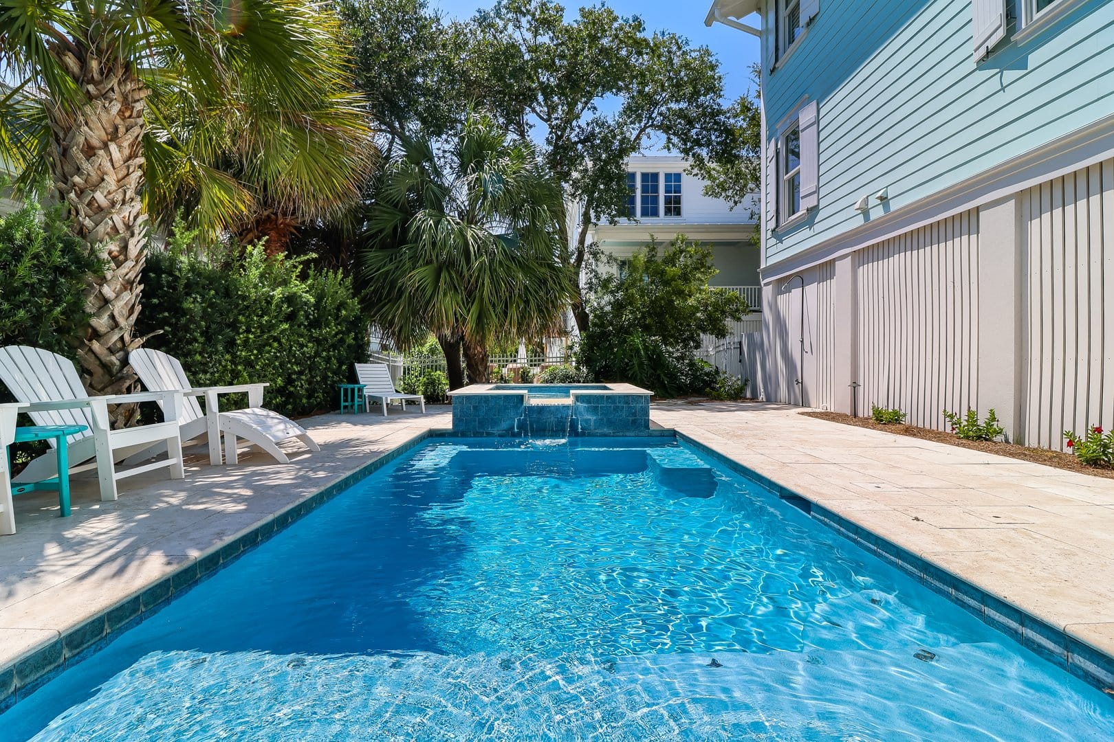 Backyard pool with palm trees.