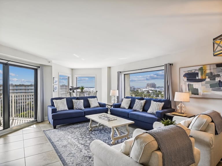 Bright living room with panoramic views.