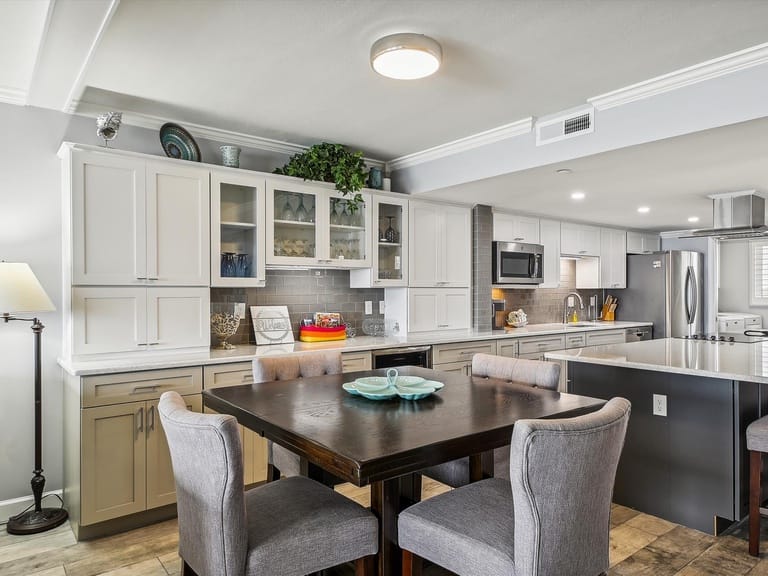 Modern kitchen and dining room.