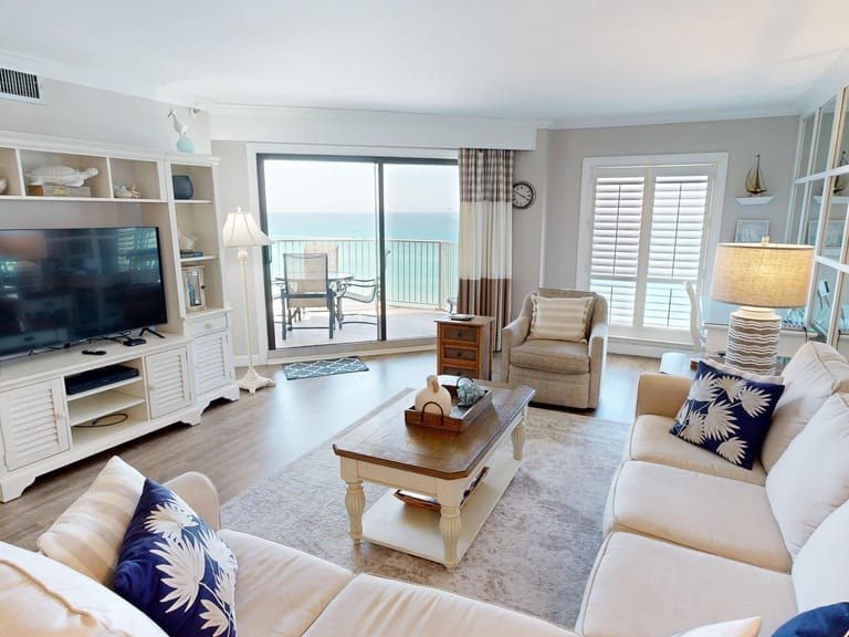 Coastal living room with ocean view.