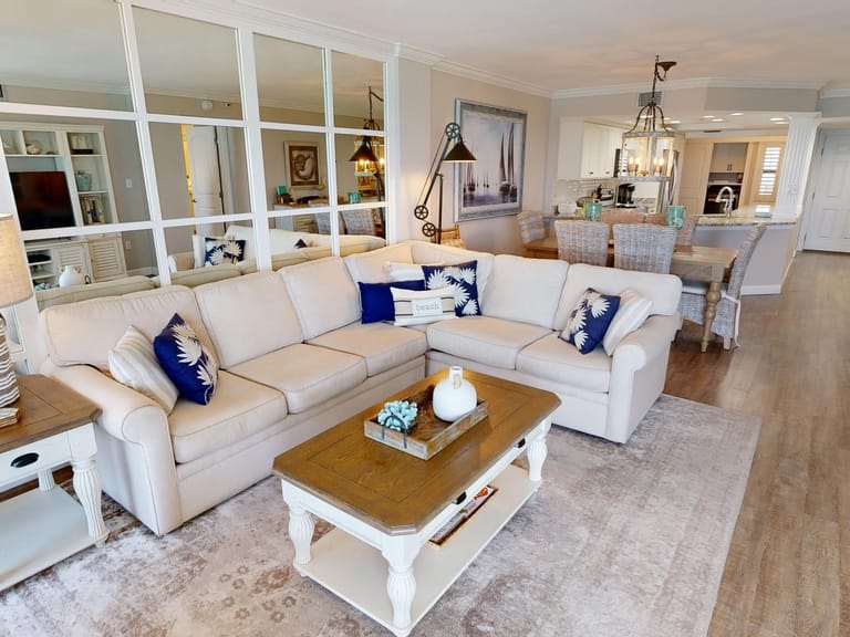 Elegant living room with beige sofa.