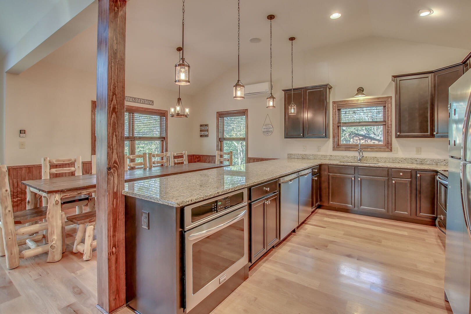 Modern kitchen with wooden cabinetry.