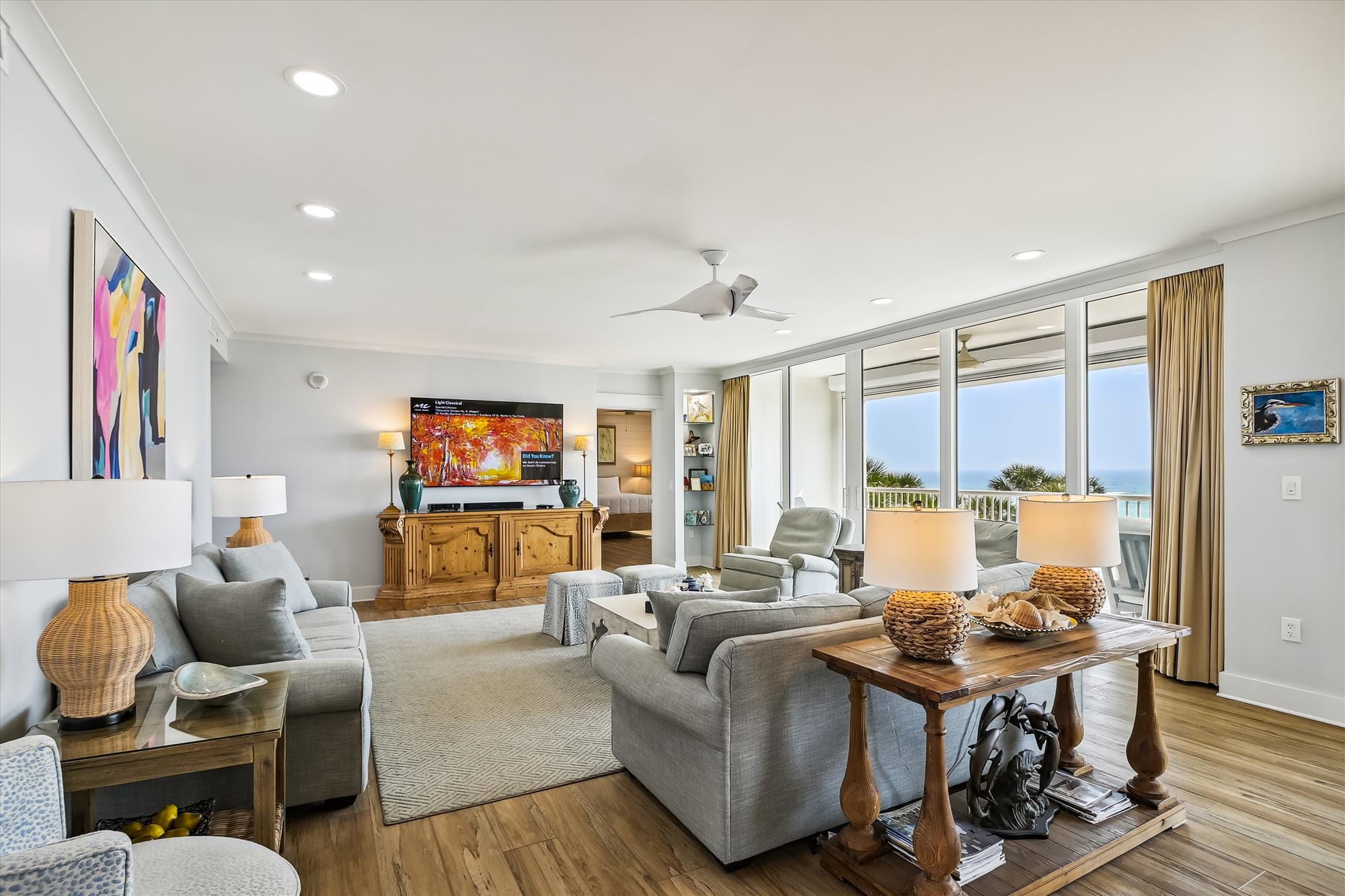 Modern living room with ocean view.