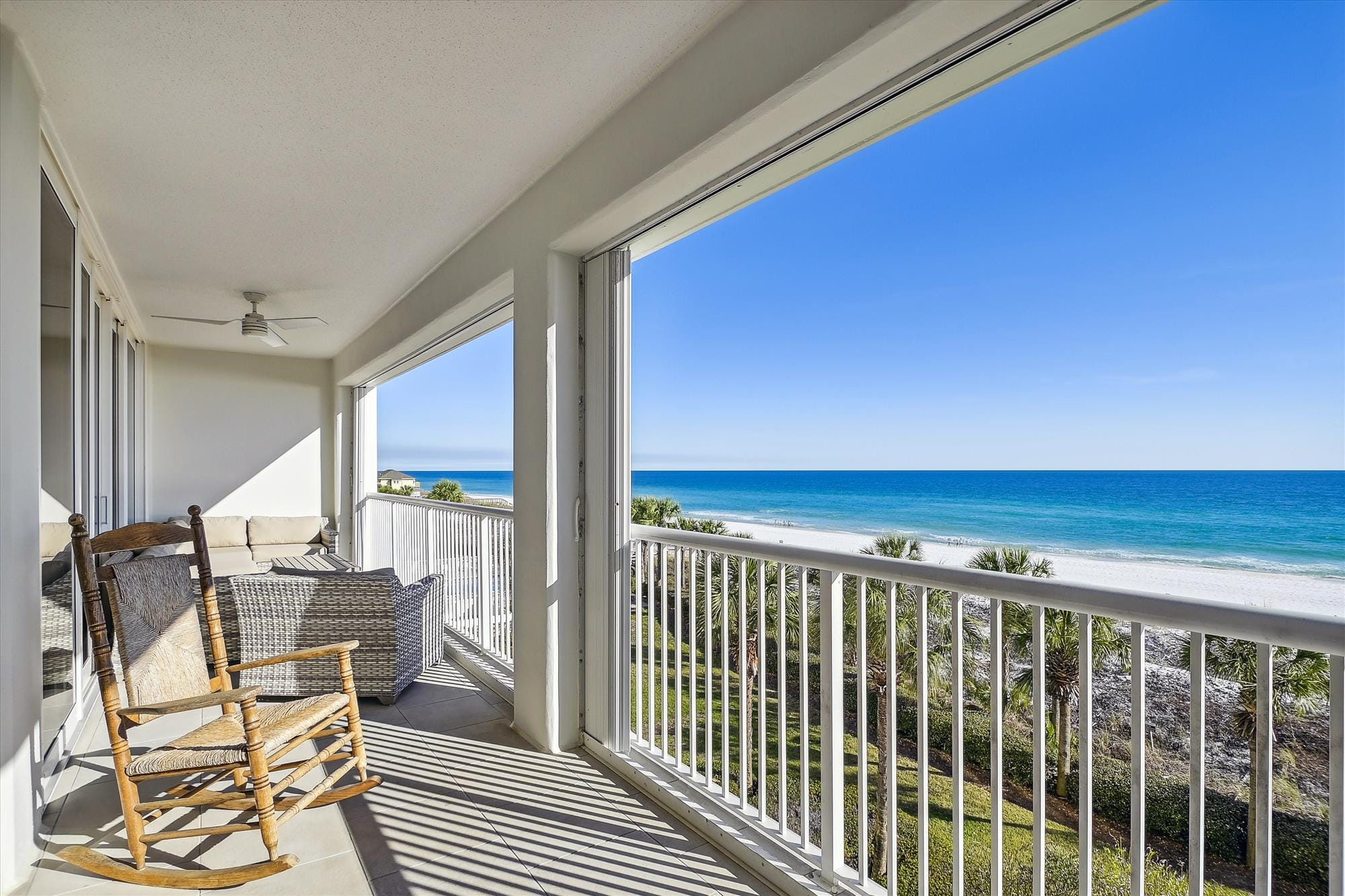 Beachfront balcony with ocean view.