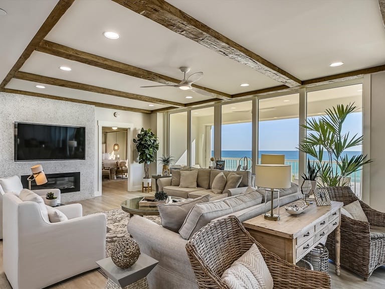 Coastal living room, ocean view.