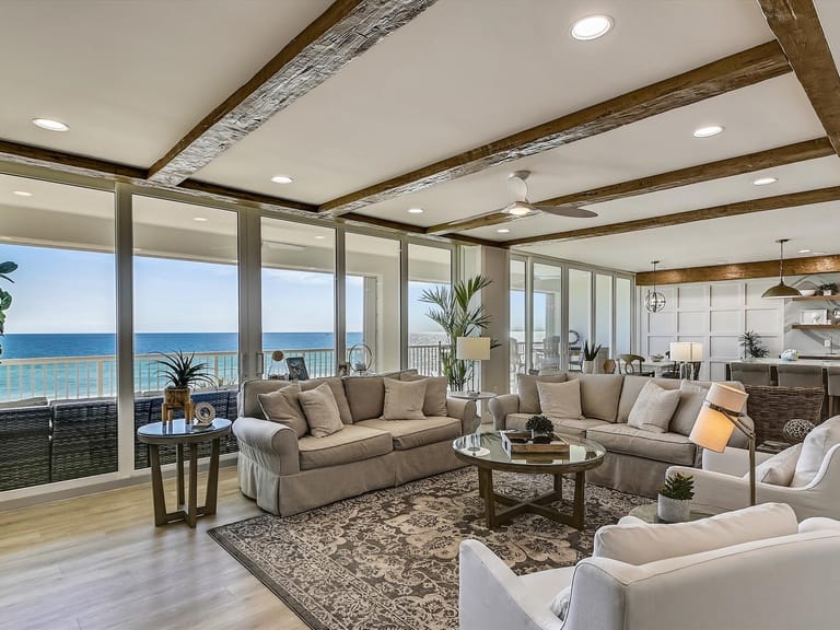 Spacious oceanfront living room interior.