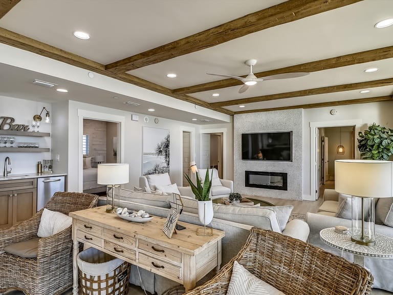 Cozy living room with rustic decor.