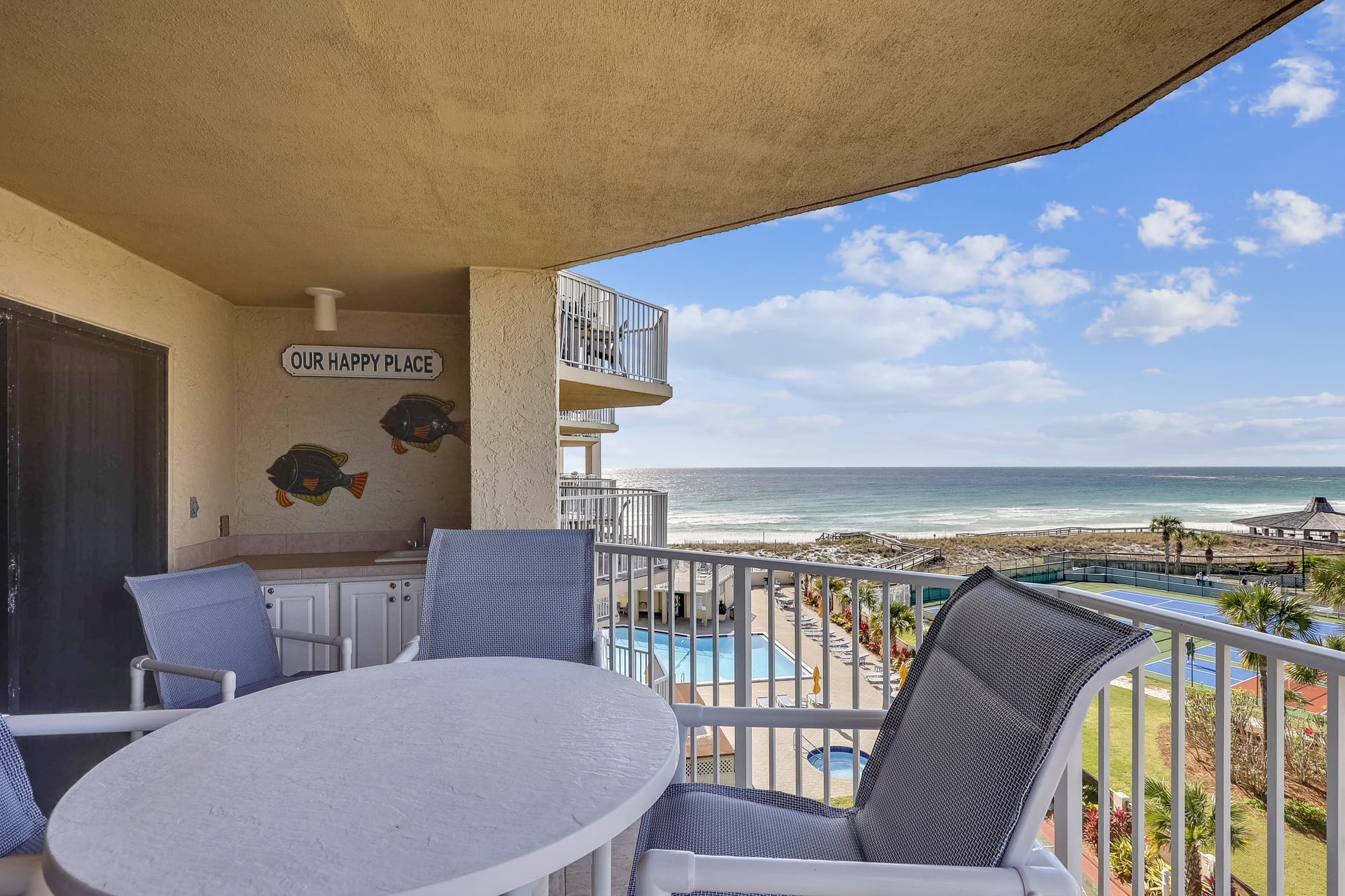 Beachfront balcony with ocean view.