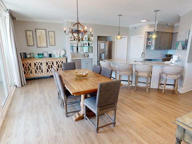 Modern kitchen and dining area.