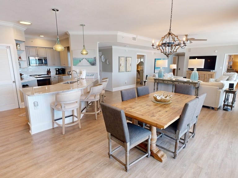 Open-plan kitchen and dining area.