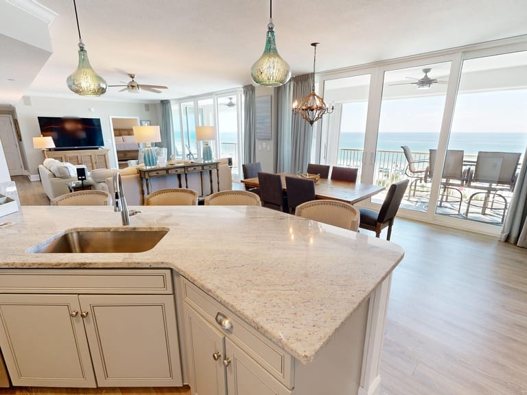 Spacious beachfront living room and kitchen.