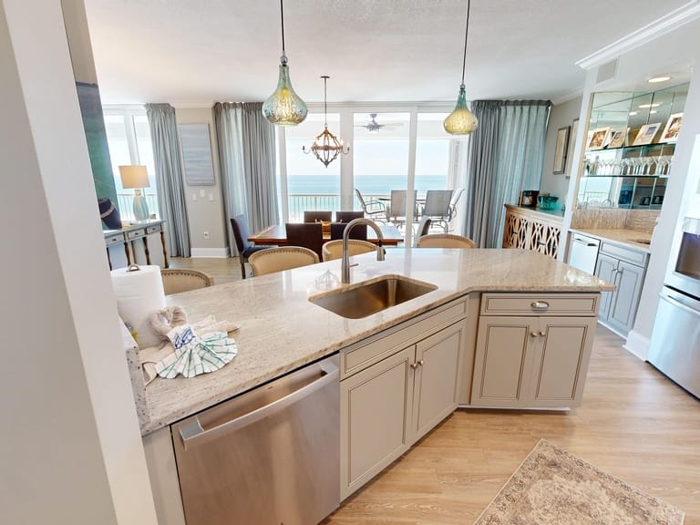 Open kitchen with ocean view.