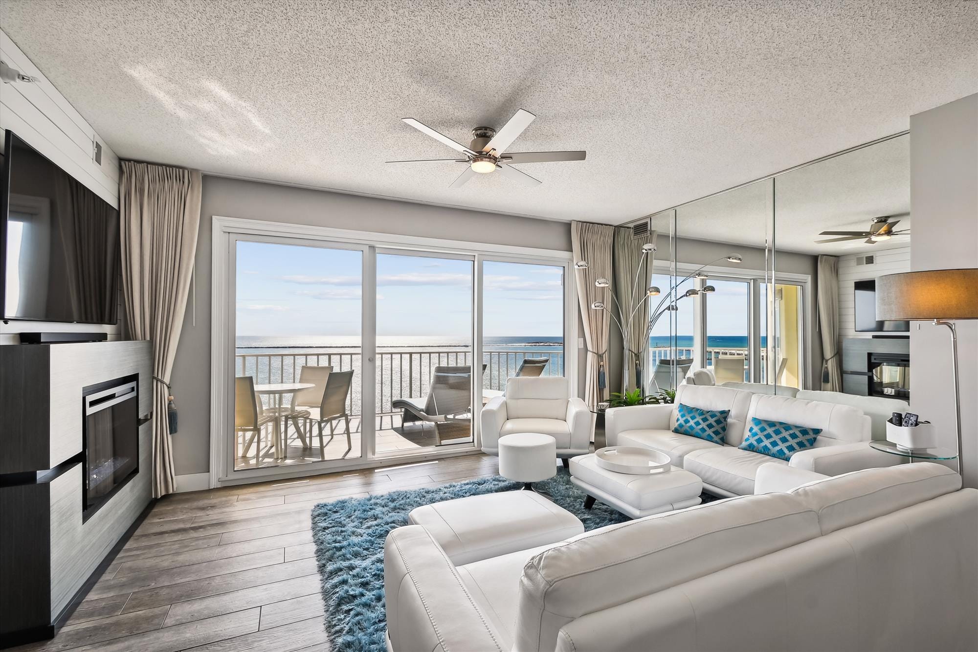 Modern living room with ocean view.